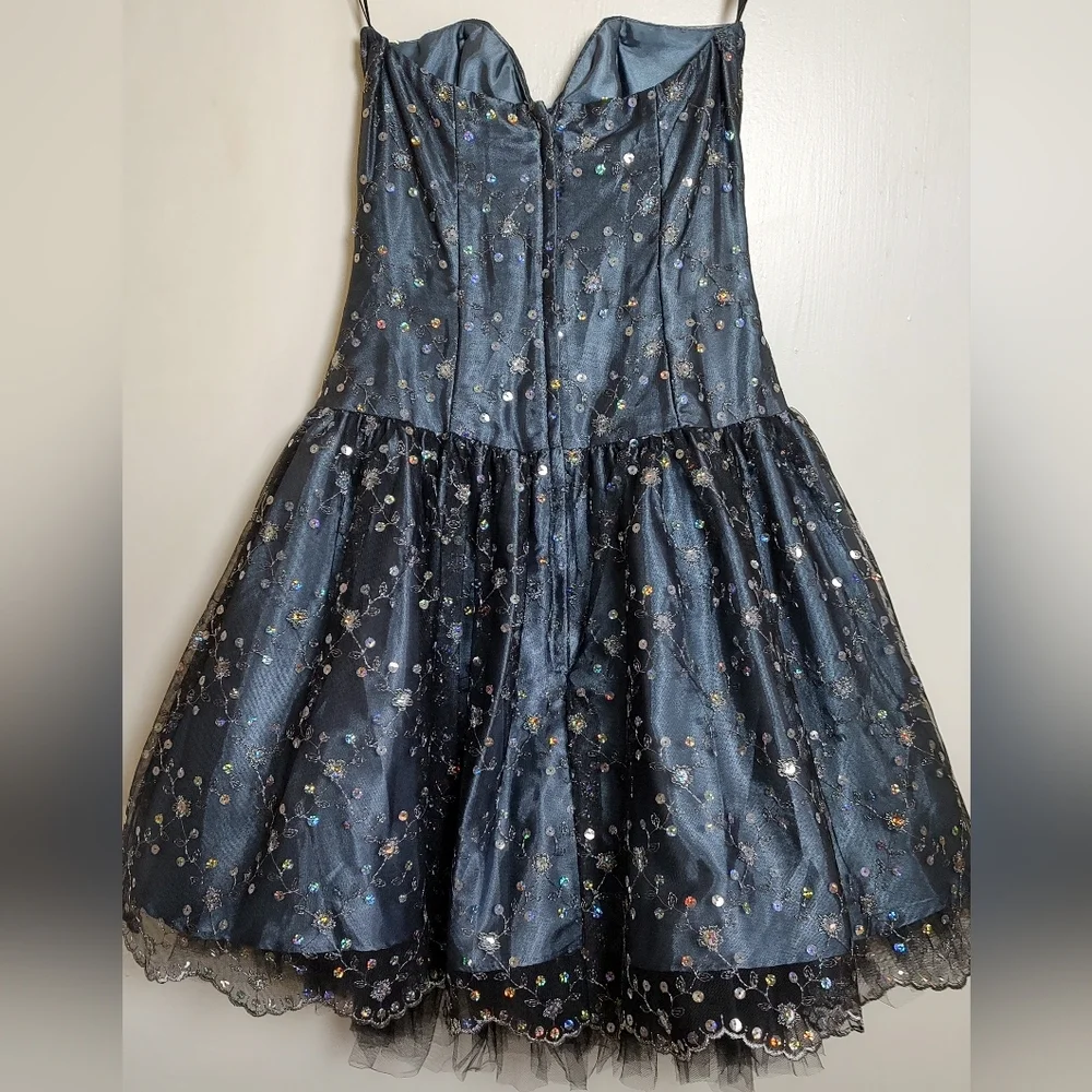 Jessica McClintock Midnight Blue Strapless Satin Sequin Dress - Picture 6 of 12